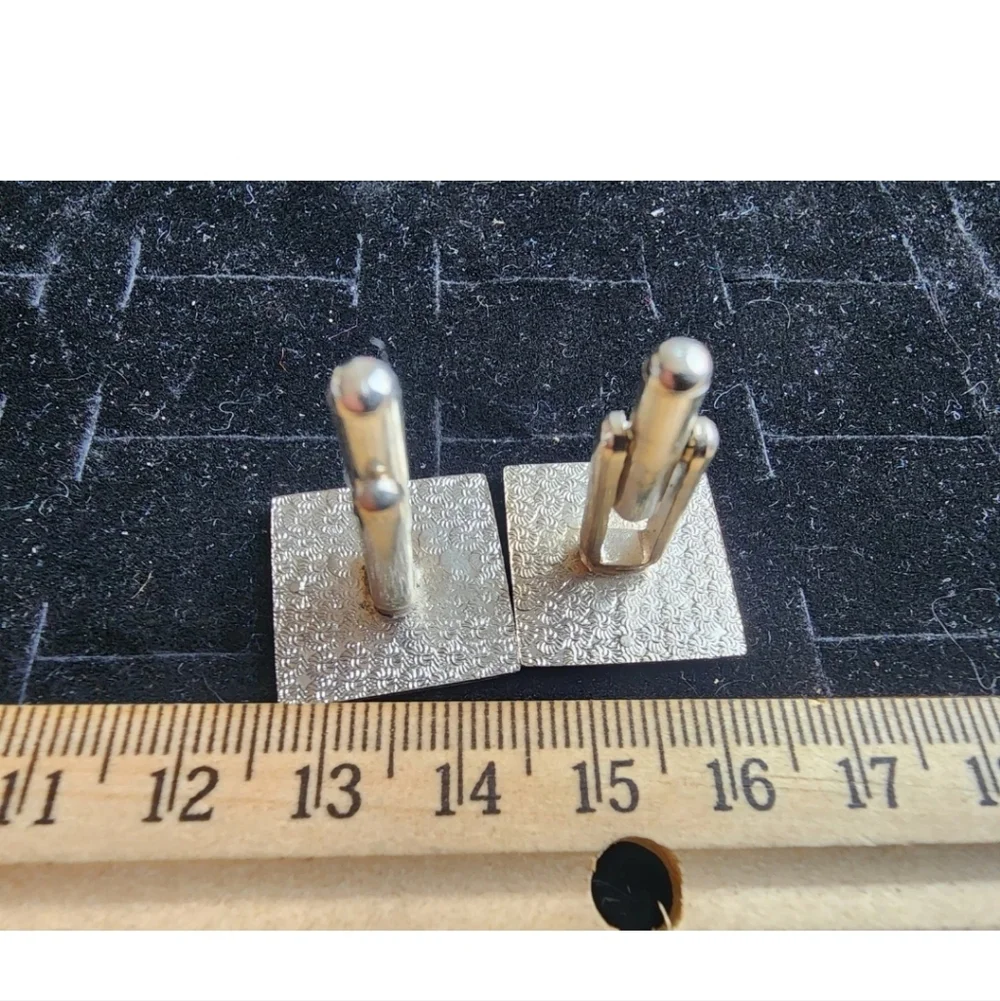 Vintage Cufflink Set Silver Tone Squared Circle Design Used